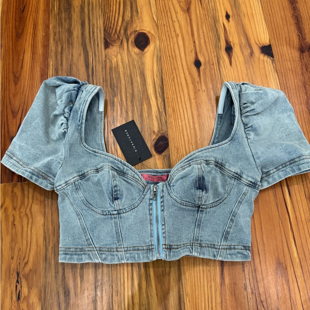 Denim Puff Sleeve Crop Top